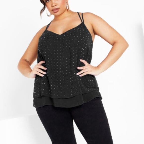 City Chic Studded Strappy Double Layer Chiffon Tank Black 16 - Picture 1 of 7